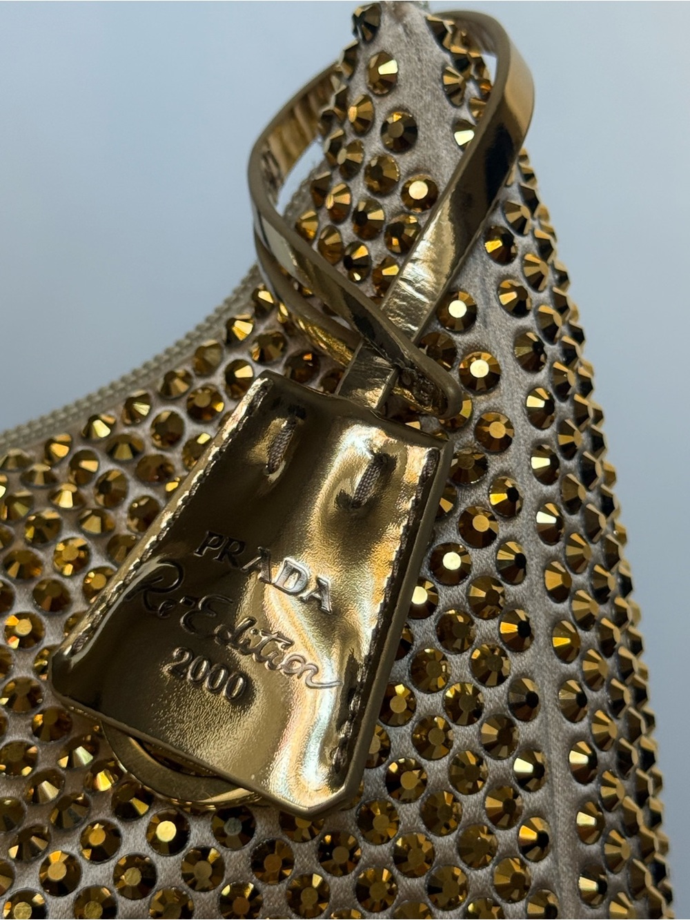 Prada Re-Edition 2000 Hobo Gold Crystal Embellished Satin Mini - Picture 3 of 13